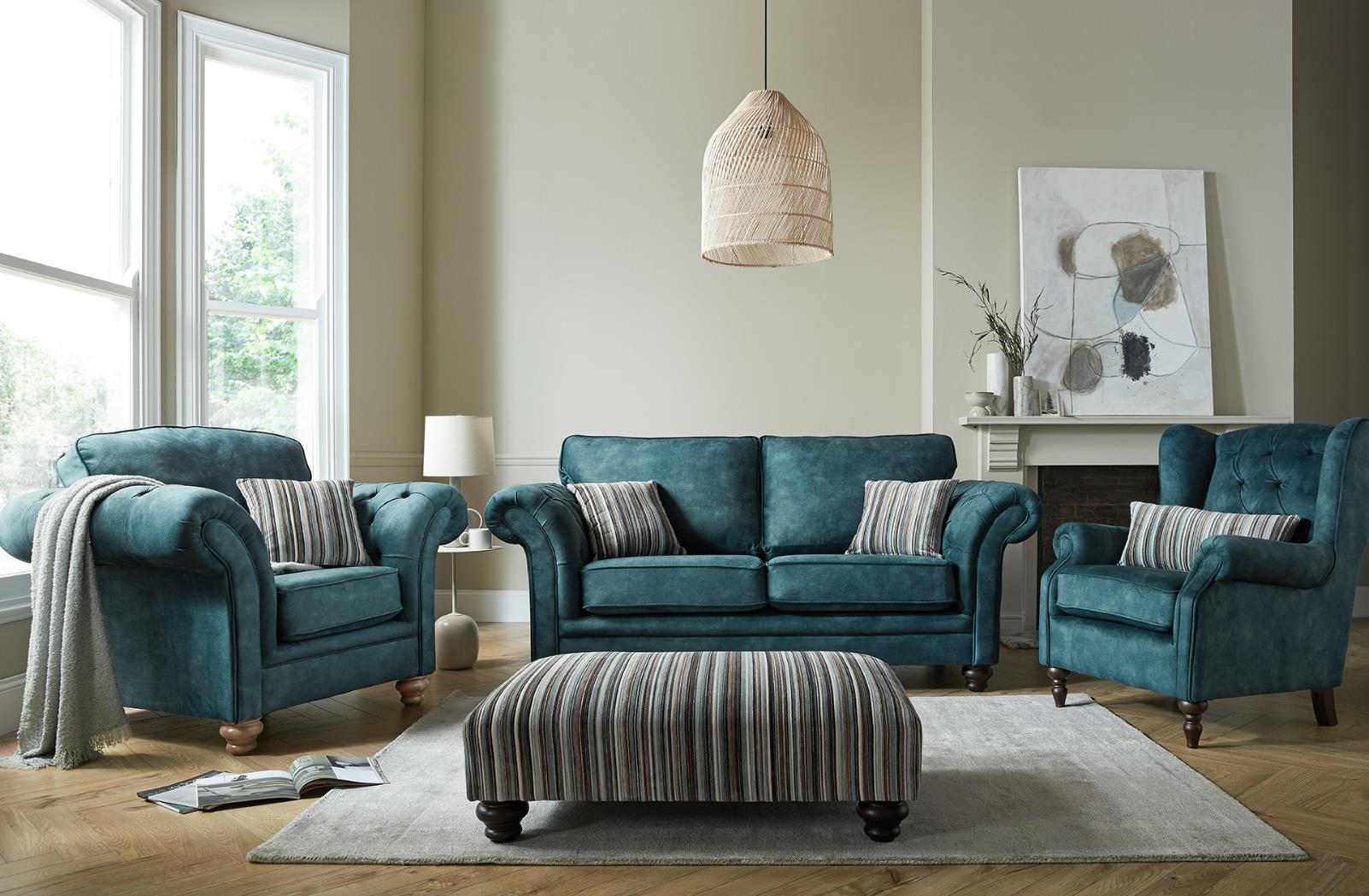 Buckingham 3 Seater Sofa In Palladium Azure Blue Fabric With Margo Stripe Teal Scatters